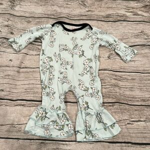 Baby Grey Bell Bottom One Piece in Light Aqua With Floral Print Size 3-6 Months